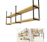 Scaffale sospeso in legno rustico a 2 ripiani con struttura in metallo da appendere al soffitto, scaffale decorativo da cucina, scaffale per piante, portabottiglie ideale per bar, salotti e ristoranti