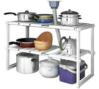 Scaffale Sottolavello Stoviglie Ripiano Sotto Lavello, Scaffale per Armadio, 2 Livelli, Acciaio Inox e Plastica, Regolabile in Altezza