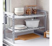 Scaffale Sottolavello Stoviglie- Stoviglie Ripiano PP rack estensibile organizzatore sotto il lavello scaffale espandibile di stoccaggio, 2 livelli, per cucina, bagno-38-70*26*38 cm (grigio)