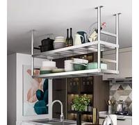 Scaffali da cucina in acciaio inox, mensole sospese a 2 strati montate a soffitto, per l'organizzazione della casa, la decorazione del bar e l'esposizione del verde