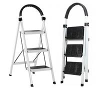 Scala a 3 gradini, alta 80 cm, con corrimano di sicurezza e planform antiscivolo, leggera e pieghevole, robusta scala per casa, ufficio e progetti fai da te, capacità 150 kg (bianco)