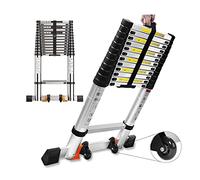 Scala estensibile in alluminio, 5 m/4 m/3 m/2 m, pieghevole, multiuso, con ruote ausiliarie, capacità 150 kg, ideale per uso domestico ed esterno, design compatto e portatile