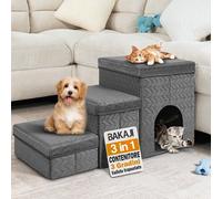 BAKAJI Scale per Cani e Gatti 3in1 Pieghevole in Velluto Trapuntato Grigio Scuro, Scala per Animali Domestici Multifunzione Vano Contenitore e Cuccia Casetta, Gradini Ergonomiche con Fondo Antiscivolo