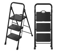 Scala Pieghevole 3 Gradini in Acciaio | Portata 150 kg Pedane PP Antiscivolo, Safety Lock, | Certificata EN 14183 GS | Altezza 103,5cm, Nera | maniglia in gomma