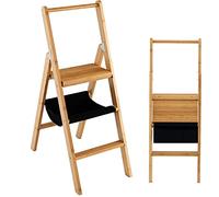 Scala pieghevole a 3 gradini, scala a pioli in bambù con capacità di 150 kg/330 libbre con borsa portautensili, impugnatura alta e piedini antiscivolo, sgabello leggero for la cucina di casa.