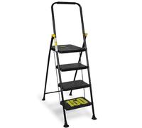 Scala Scaletta Pieghevole 4 Gradini, Nero con Blocco di Sicurezza, testata fino ad una Portata di 250 kg con Ampio Pedale Antiscivolo, Corrimano a Norma, Sgabello per Cucina Casa Ufficio