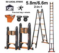 Scala telescopica 5,8 m/6,6 m Acciaio al carbonio 19/22 piedi Scala multiuso portatile pieghevole con telaio ad A con carico certificato EN131 150 kg
