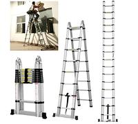 Scala telescopica estensibile da 2,5 + 2,5 m, robusta in acciaio inossidabile, struttura a A, sistema di chiusura morbida, scala da appoggio con stabilizzatore, 6 + 6 gradini, 150 kg/330 LB, capacità