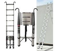 Scala telescopica in acciaio inox, 5 m, con 2 ganci, antiscivolo, allungabile, da appoggio, per interni ed esterni, 150 kg di portata, EN131