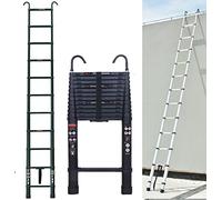 Scala telescopica in alluminio, 3,8 m, con 2 ganci, antiscivolo, allungabile, da appoggio, per interni ed esterni, 150 kg di portata, EN131, nero