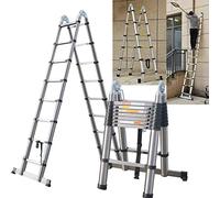 Scala telescopica multiuso in acciaio inox, 5 m con barra stabilizzatrice, scala pieghevole e portatile con telaio ad A (2,5 m + 2,5 m)