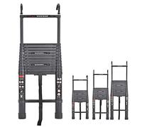 Scala telescopica pieghevole in alluminio nero da 6,2 m, con 2 ganci rimovibili, capacità di carico 150 kg, piedini in gomma antiscivolo, certificazione EN131, per uso domestico e sicurezza