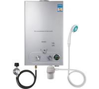 Scaldabagno a gas liquefatto GPL da 18 l, 36 kW LPG, scaldabagno istantaneo senza serbatoio, con soffione doccia zincato e tubo doccia, per bagno/cucina/camper (argento, 18 L)