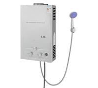 Scaldabagno GPL da 24 KW, capacità 12 l, acqua calda istantanea con soffione doccia e tubo, scaldabagno a gas mobile per campeggio, roulotte e giardino, alta efficienza (≥80,8%), facile da montare