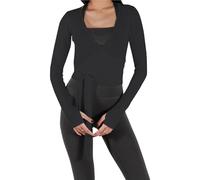 Scaldacuore Danza Donna Maglietta Sportiva Casual da Donna, Stile Athleisure, a Maniche Lunghe, con Scollo a V, Elegante e Solida, for Allenamento Sportivo(Black,M)