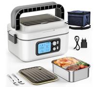 Scaldavivande Elettrico Portatile, 1,5L Porta Pranzo Riscaldabile con Display LCD e Timer, Scalda Vivande Portatile Elettrico con Stoviglie in Acciaio Inossidabile e Borsa Termica per Auto Ufficio