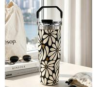 SCALON 30oz/900ML 1 pezzo Bicchiere termico portatile vintage nero & bianco con margherita, tazza isolata in acciaio inossidabile a vuoto, coperchio pop-up con un clic e cannuccia antiscivolo, bottigl