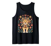 Scandinavo Folk Art Leone Floreale Criniera Giungla Sunshine Boho Canotta