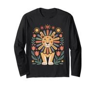 Scandinavo Folk Art Leone Floreale Criniera Giungla Sunshine Boho Maglia a Manica