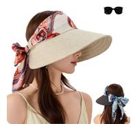 Scarf Accent Visor,Scarf Accent Integrated Visor Hat,Summer Adjustable Wide Brim Packable Scarfs Accent Ponytail cap for Beach，Beige