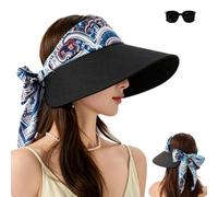 Scarf Accent Visor,Scarf Accent Integrated Visor Hat,Summer Adjustable Wide Brim Packable Scarfs Accent Ponytail cap for Beach，Black