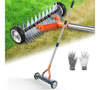 Scarificatore a mano con ruote, 166 cm, scarificatore manuale con manico regolabile, larghezza di lavoro 32 cm, 21 coltelli per scarificare, per giardino, cortile, prato, arancione