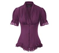 Scarlet DARKNES - Camicia Estiva da Donna a Maniche Corte, Stile Vittoriano, con Lacci, Top da Lavoro, Melanzana Viola., XL