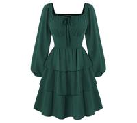 SCARLET DARKNESS Abito da donna a corsetto da medale, a maniche lunghe, con elastico in vita, mini abito con volant, Verde oliva, M