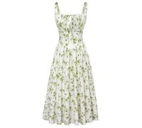 SCARLET DARKNESS Abito da Donna Primaverile Cottagecore Abito Vintage a Trapezio Spaghetti Milkmaid Fiori Verdi M