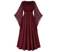 SCARLET DARKNESS Abito medievale da donna, con lacci, maniche a campana a 3/4, con spacco frontale, stile rinascimentale, vino, XXL