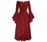 SCARLET DARKNESS Abito Vestito Lungo Donna Medievale Rinascimentale, Spalle Scoperte, Maniche Lunghe Svasate, Linea A Rosso Scuro XL