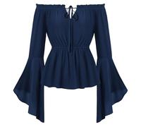 SCARLET DARKNESS Camicetta da donna medievale con spalle scoperte a maniche lunghe rinascimentali, Blu mare, XXL