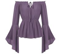 SCARLET DARKNESS Camicetta medievale da donna, stile rinascimentale, con spalle scoperte, maniche lunghe, elastico in vita, peplo, Viola, XXL