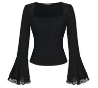 SCARLET DARKNESS - Camicetta vittoriana con pizzo, slim fit, gotica, Y2k, a maniche lunghe, con collo quadrato, busto arricciato, da donna, Nero , L