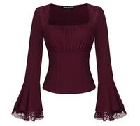 SCARLET DARKNESS - Camicetta vittoriana con pizzo, slim fit, gotica, Y2k, a maniche lunghe, con collo quadrato e scollatura a V, busto arricciato, maglietta, Rosso scuro, XL