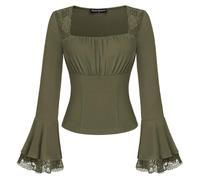 SCARLET DARKNESS Camicetta vittoriana in pizzo slim fit gotico Y2k top scollo quadrato busto increspato camicie a maniche lunghe, Verde oliva, XL
