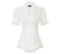 Scarlet Darkness, Camicia da donna in stile gotico, con maniche corte a sbuffo, con scollo a V, vestibilità aderente, con pizzo vintage, camicetta in stile vittoriano, bianco, XXXL