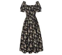 Scarlet Darkness Cottagecore - Abito da Donna con Maniche a Sbuffo e Scollo Quadrato, Maxi Abito con Punto Smock, Fiore Notturno, L