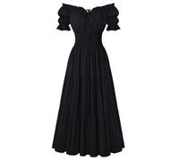 SCARLET DARKNESS Maxi abito rinascimentale da donna con spalle scoperte | Costume medievale, maniche a sbuffo, scollo con lacci, vita a nido d'ape, abito lungo da contadina da donna, con tasche