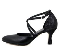 Scarpa Donna da Ballo/Cerimonia in Pelle e Glitter Nero, Tacco Medio 7 cm, 820
