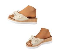 Scarpa donna estate Sandali con zeppa spessa da donna, con fiocco, punta aperta e apparente, ideali per attività di pieno Sandalo Compensee Estate Pantofole in pelle da donna, beige, 38.5 EU