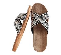 Scarpe Argento Donna Coppia Retro Colore Bloccante Stampa Spiaggia All'aperto Indossare Casa Cotone Lino Grandi Dimensioni Antiscivolo Quattro Stagioni Sandali Pantofole Scarpe Da Donna Al Coperto