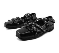 Scarpe basse da Donna e ragazze stile gotico Mary Jane con tacco basso e punta quadrata con fibbia incrociata e fiocco piccole scarpe singole stile retrò con rivetti a bocca bassa (B-nero,37)
