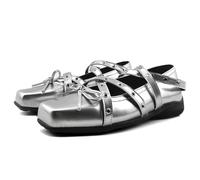 Scarpe basse da Donna e ragazze stile gotico Mary Jane con tacco basso e punta quadrata con fibbia incrociata e fiocco piccole scarpe singole stile retrò con rivetti a bocca bassa (B-argento,37)
