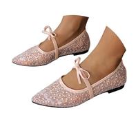 Scarpe basse da donna senza lacci francese Mary Jane scarpe a punta in pizzo design mini cinturino in raso con fiocco traspirante cavo antiscivolo confortevole, versatile, pendolarismo