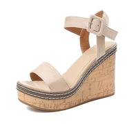 Scarpe Casual Da Spiaggia Donna, Sandali Da Donna Con Plateau Zeppa Fibbia Regolabile Punta Aperta E Traspiranti, Scarpe Roma Antiscivolo Con Plateau E Cinturino, Per Feste, Matrimoni(A beige,35 EU)