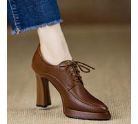 Scarpe col tacco alto retrò a punta da donna, tacchi spessi, plateau impermeabile, nuovo stile 2025, interamente in pelle dentro e fuori, niente piedi stanchi, scarpe con lacci, apertura profonda, sca