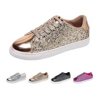 Scarpe con glitter da donna, scarpe da ginnastica con lacci, plateau, sneakers in pelle, scarpe da ginnastica basse, traspiranti, leggere, con lacci, con paillettes, gold, 43 EU