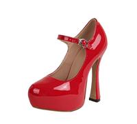 Scarpe con Plateau Mary Jane da Donna con Cinturino alla Caviglia. Tacco 5 Pollici. Scarpe con Tacco Alto in Vernice con Punta Rotonda Chiusa, alla Moda, per Feste e Balli,Rosso,36 EU