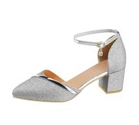Scarpe con tacco da donna, eleganti e glitterate, con tacco argentato, scarpe da sera in pizzo, con cinturino, comode scarpe da ballo estive formali, argento, 34 EU